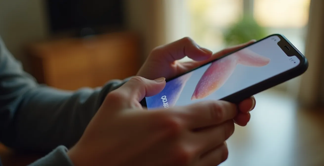 Main tenant un smartphone montrant l'interface d'une application d'alarme avec historique d'événements horodatés