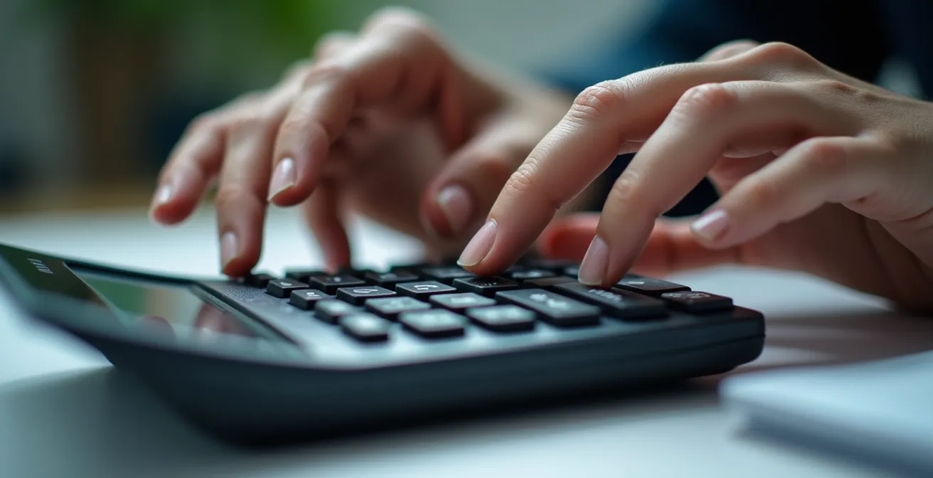Gros plan macro sur des mains manipulant une calculatrice avec des reflets lumineux sur les touches