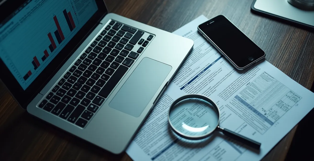 Analyse de documents et preuves numériques sur un bureau avec ordinateur portable et dossiers