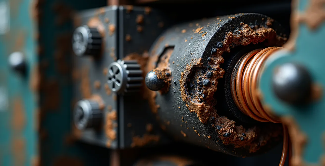 Gros plan sur un compteur électrique avec traces de brûlure et câbles fondus après une surtension