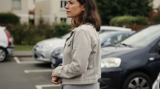 Automobiliste française réfléchissant devant son véhicule dans un parking résidentiel