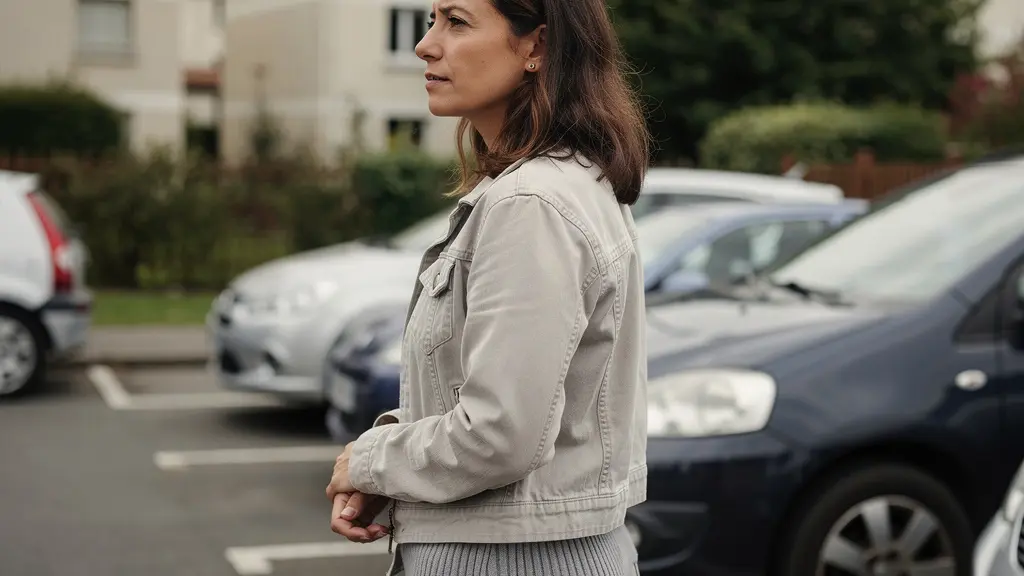 Automobiliste française réfléchissant devant son véhicule dans un parking résidentiel
