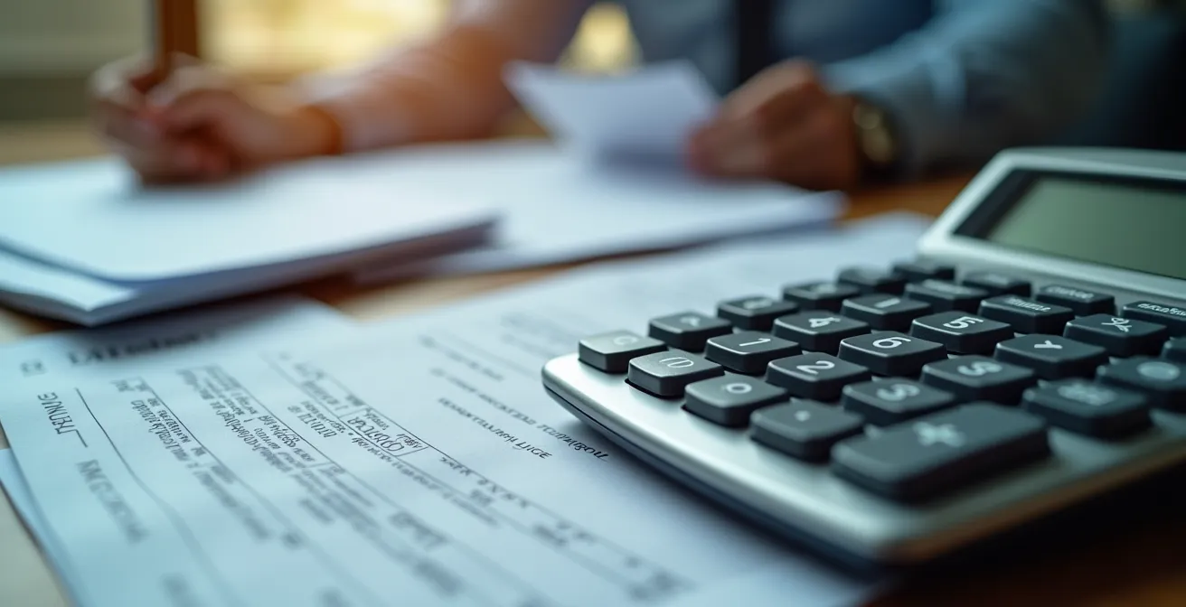 Vue macro de documents comptables et calculatrice professionnelle montrant les charges fixes de l'entreprise