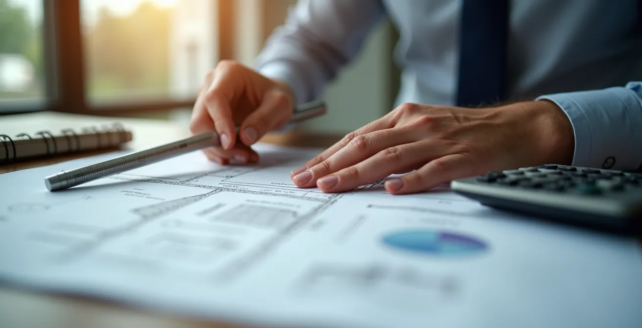 Expert en évaluation immobilière analysant les plans d'une maison avec outils de mesure
