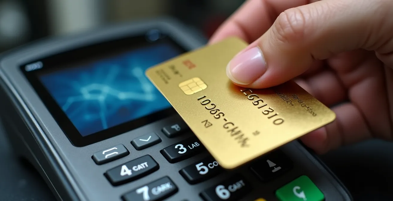 Gros plan sur un terminal de paiement bancaire et une main tenant une carte bancaire dorée