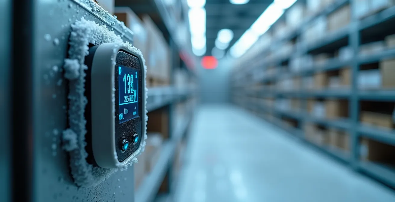 Intérieur d'une chambre froide industrielle avec des capteurs de température connectés