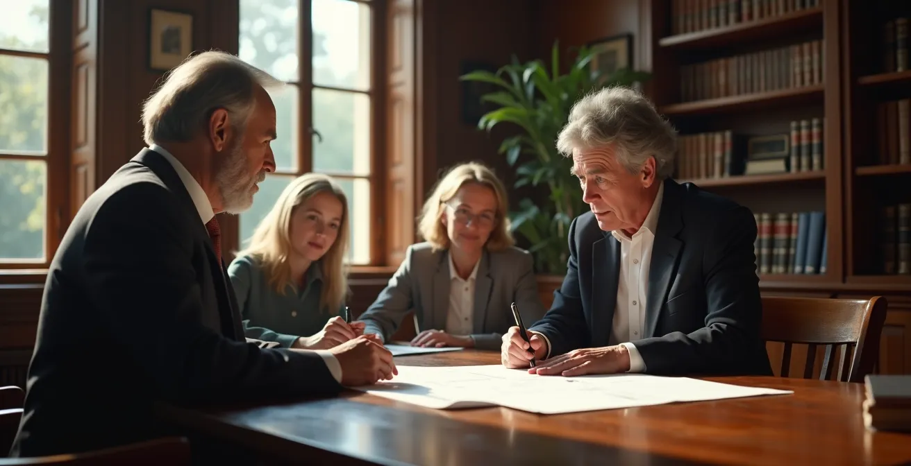 Notaire expliquant un document à une famille multigénérationnelle autour d'une table en bois