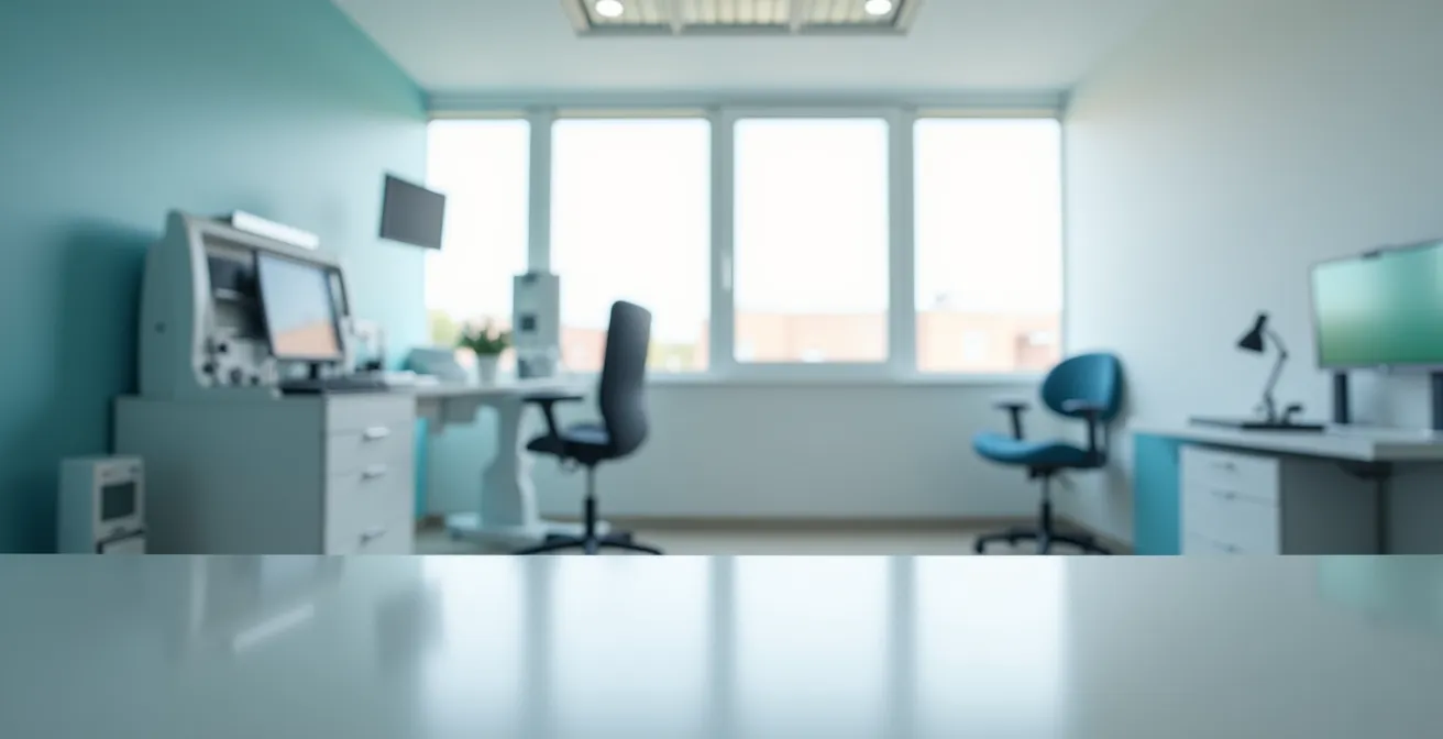 Vue grand angle d'un espace de consultation moderne avec bureau épuré et matériel médical flou en arrière-plan