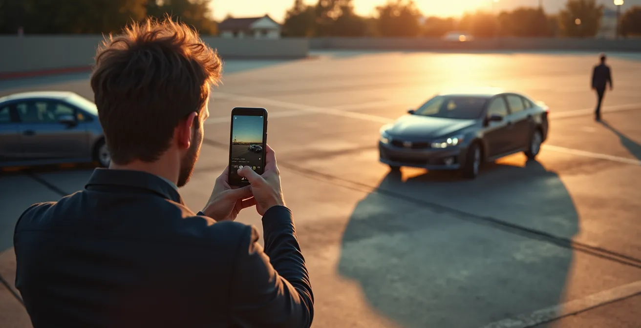 Conducteur photographiant méthodiquement la scène d'accident avec son smartphone pour documenter le refus de l'autre partie