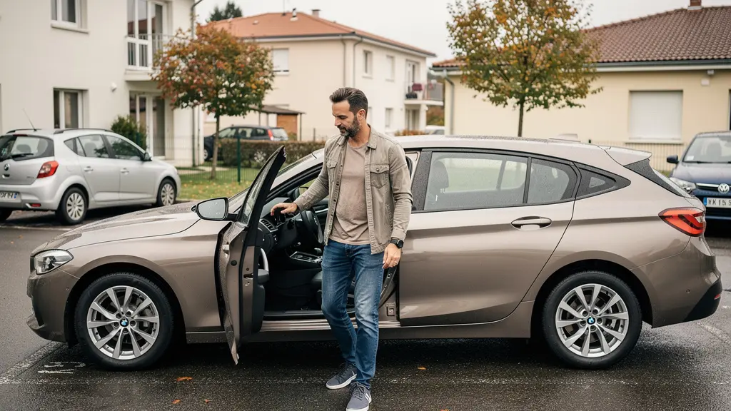 Homme ouvrant la portière d'une voiture empruntée dans un parking résidentiel