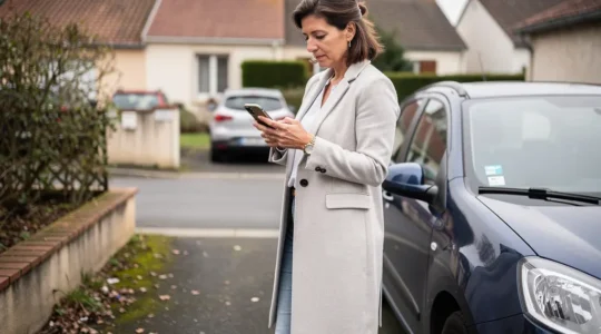 Conductrice consultant son smartphone près de sa voiture garée dans une allée résidentielle, réflexion sur son assurance auto