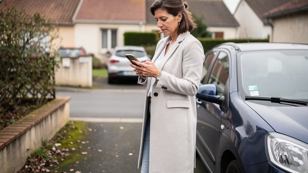 Conductrice consultant son smartphone près de sa voiture garée dans une allée résidentielle, réflexion sur son assurance auto