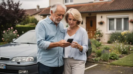 Couple senior français consultant smartphone près de leur voiture familiale