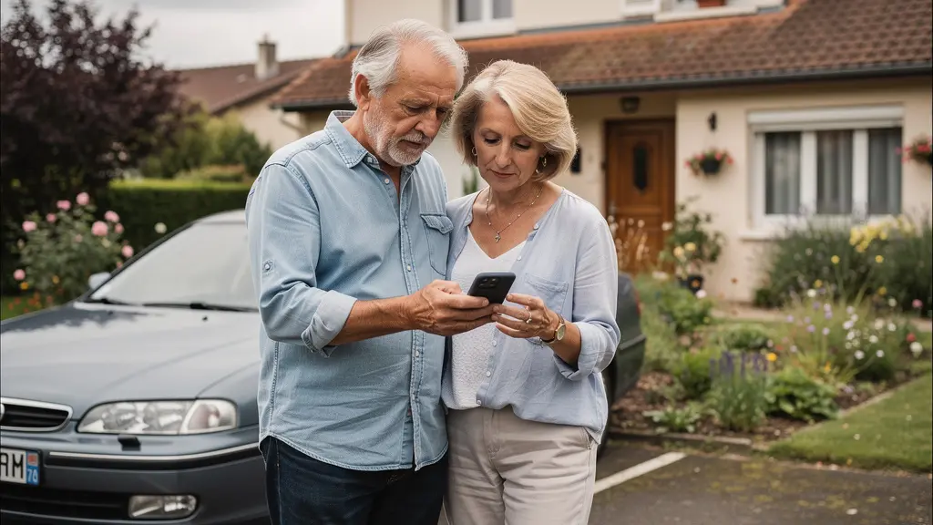Couple senior français consultant smartphone près de leur voiture familiale