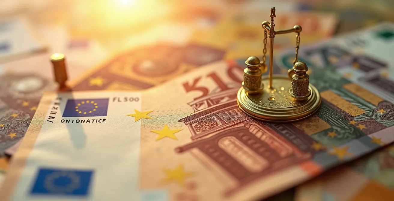 Vue macro de billets d'euros et documents juridiques sur bureau d'avocat