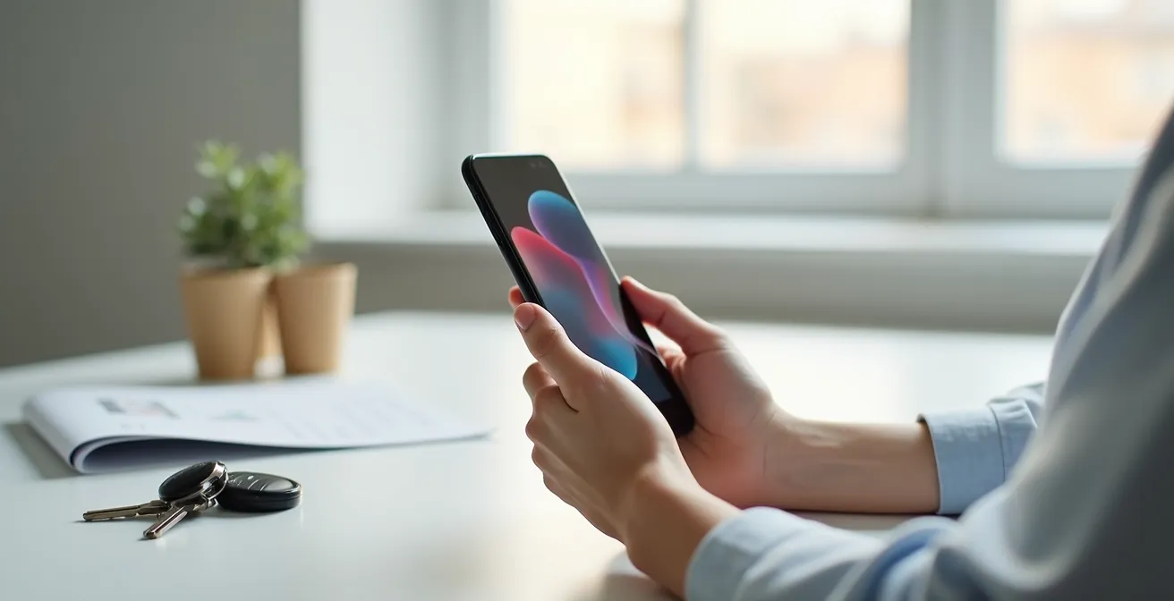 Main tenant un smartphone montrant un formulaire administratif flou