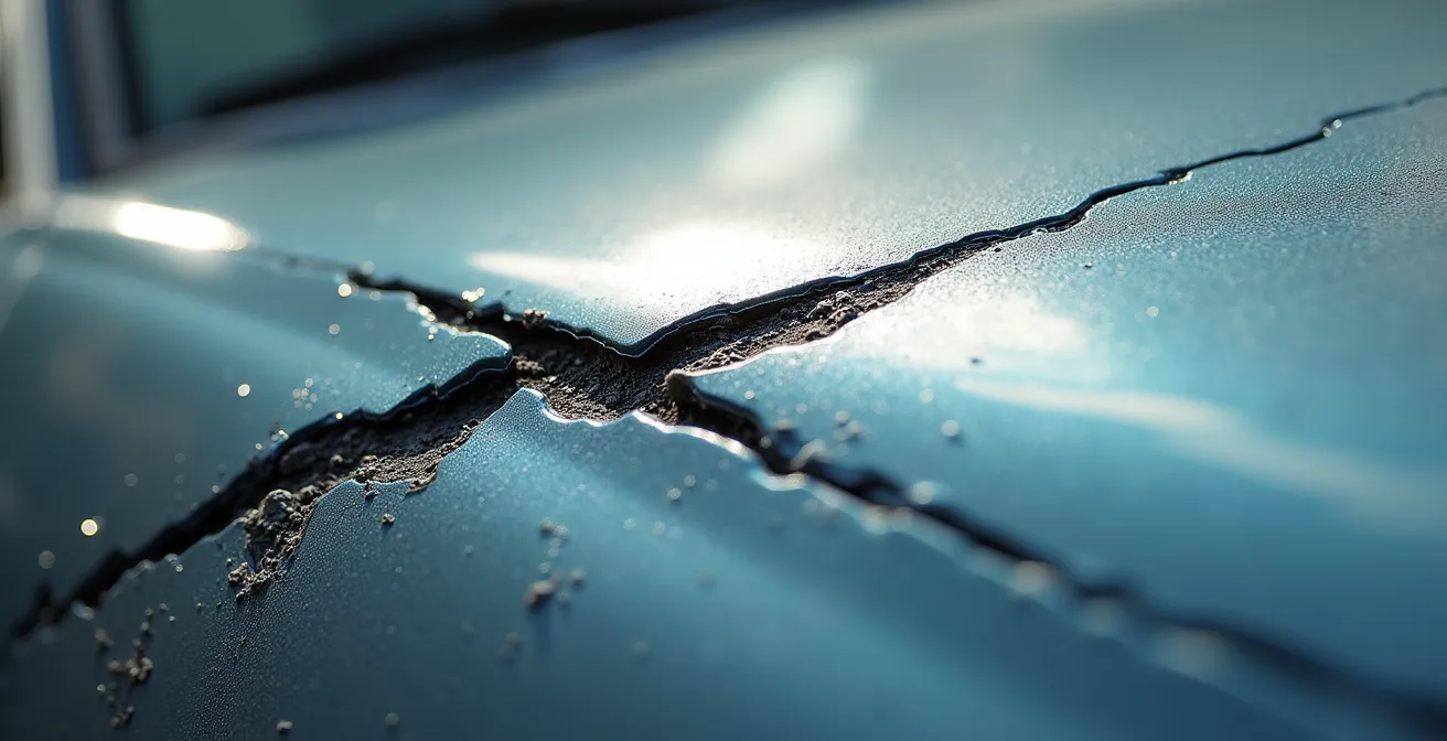 Détail macro d'une rayure sur carrosserie automobile