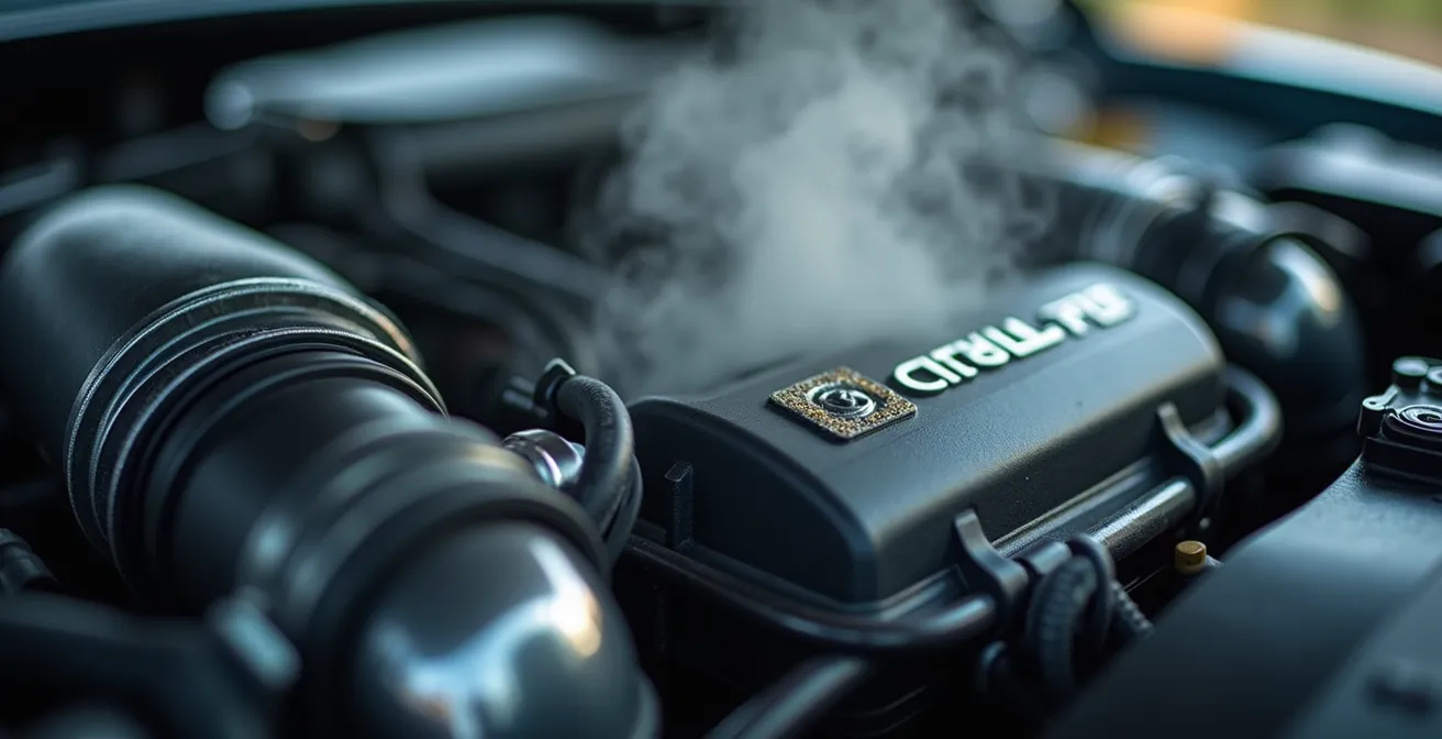 Capot de voiture ouvert avec vapeur s'échappant du compartiment moteur