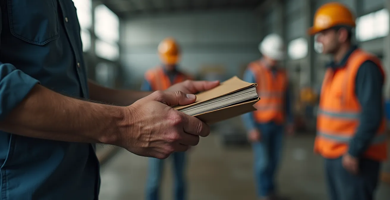 Mains tenant un classeur ouvert avec documents flous en arrière-plan dans un environnement industriel