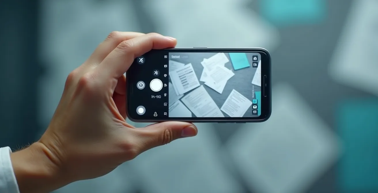 Main tenant un smartphone photographiant des documents médicaux flous en arrière-plan