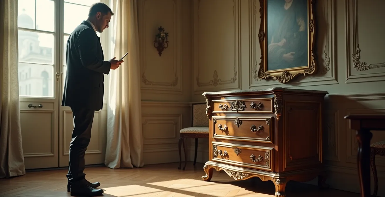 Expert en mobilier ancien examinant les détails d'une commode d'époque dans un intérieur classique