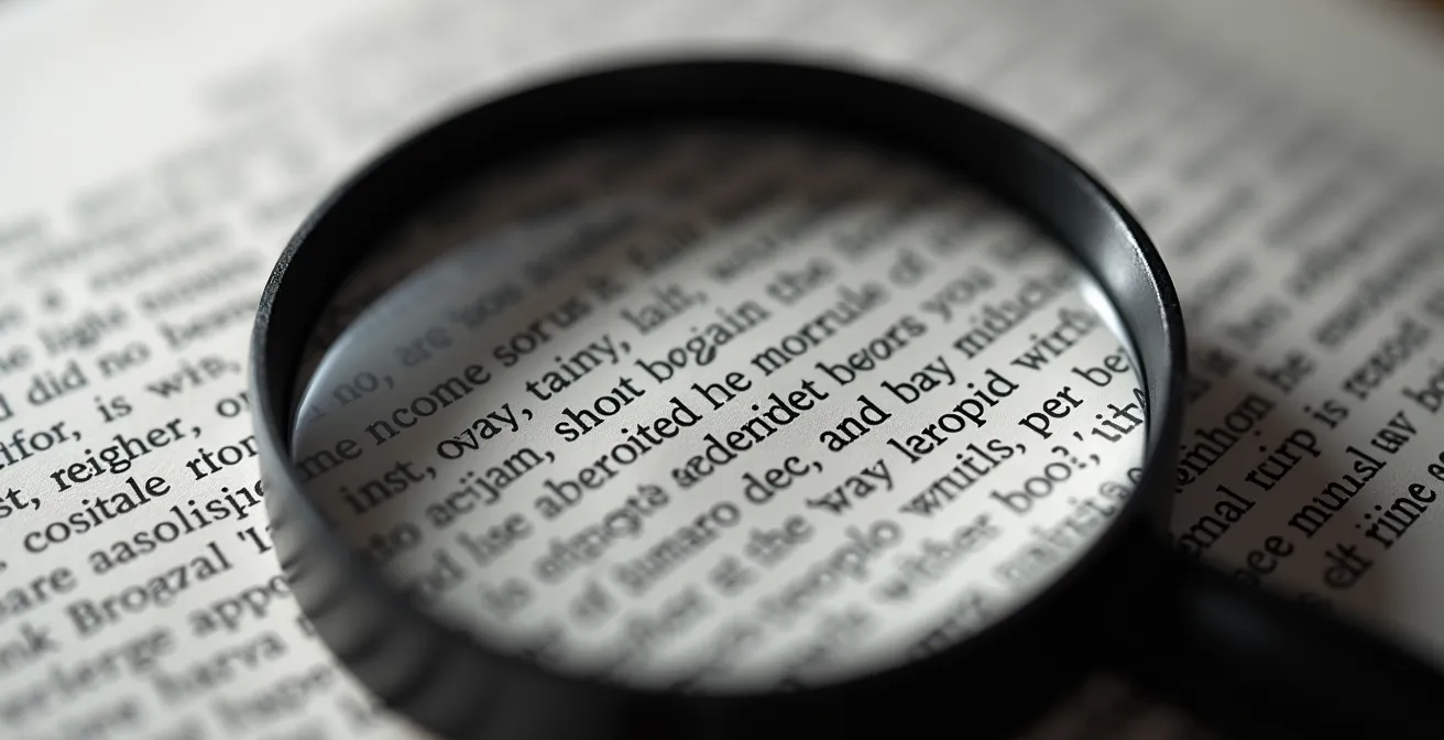Détail macro d'un document d'assurance avec loupe révélant les petits caractères