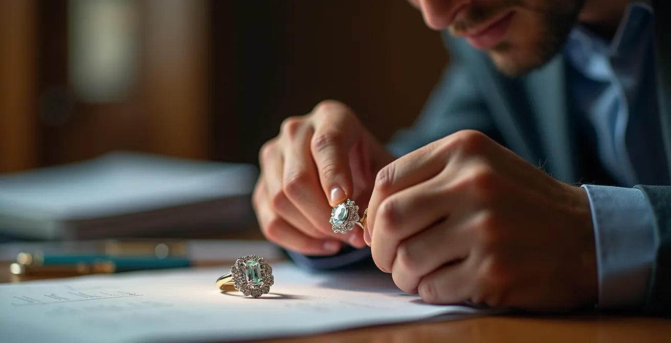Expert en gemmologie examinant un bijou précieux avec loupe professionnelle dans un environnement de bureau élégant