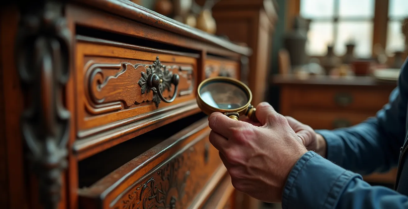 Expert examinant les détails d'un meuble ancien avec loupe et outils de mesure