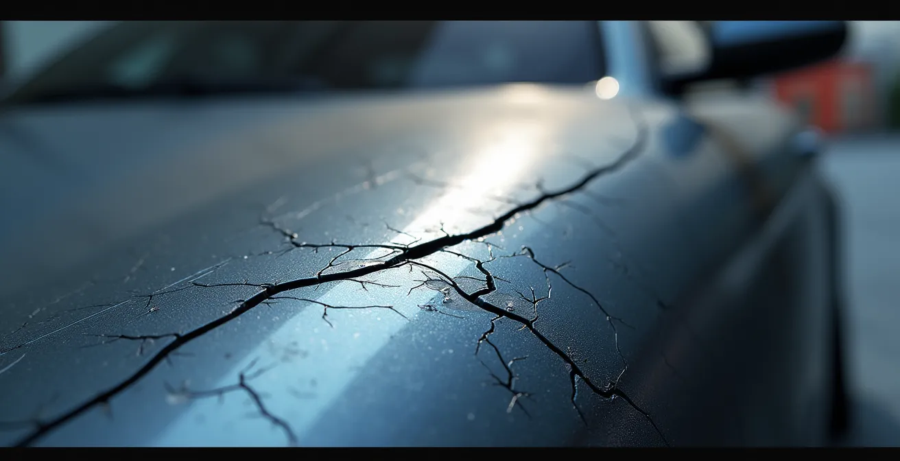 Gros plan macro sur les détails d'impacts sur carrosserie automobile avec jeu d'ombres révélant des déformations subtiles invisibles en photo normale