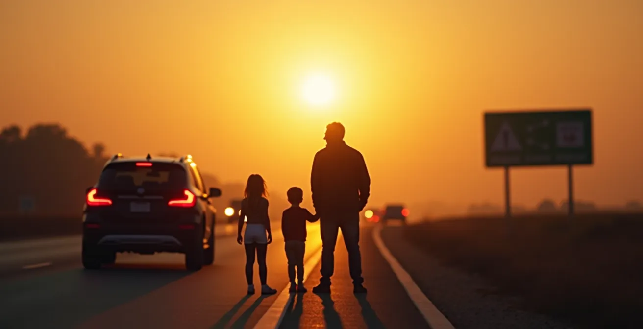 Vue large d'une famille attendant sur une aire d'autoroute avec leur véhicule en panne