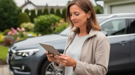 Femme consultant un devis assurance auto sur tablette près de son véhicule