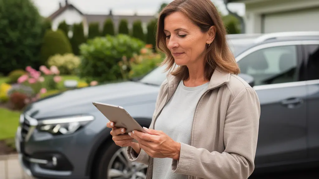 Femme consultant un devis assurance auto sur tablette près de son véhicule