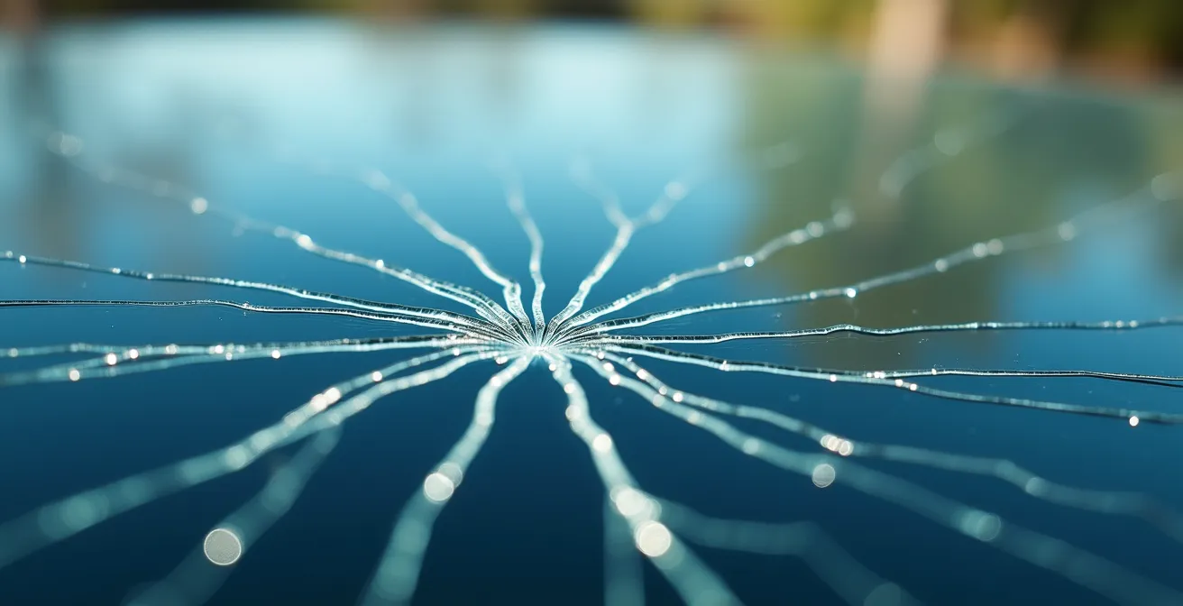 Détail macro d'une fissure sur verre de toit panoramique montrant les caractéristiques d'un choc thermique