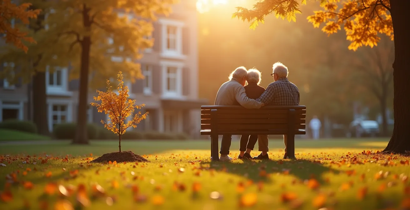 Grands-parents avec leurs petits-enfants dans un parc ensoleillé discutant de projets d'avenir