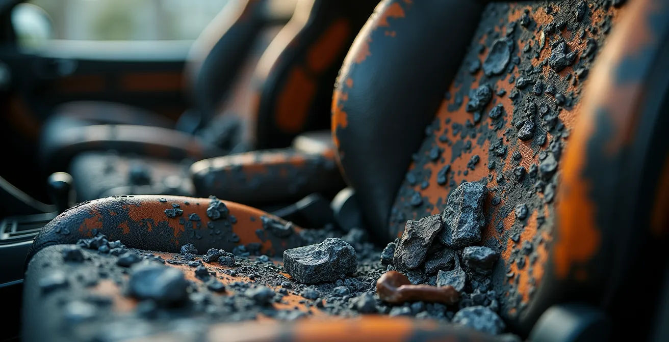 Gros plan sur l'intérieur carbonisé d'une voiture avec restes d'objets personnels