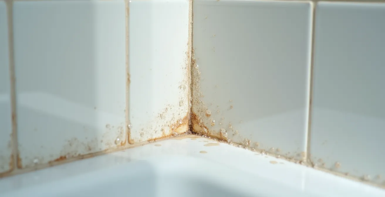 Joint de douche détérioré avec gouttelettes d'eau montrant la fuite
