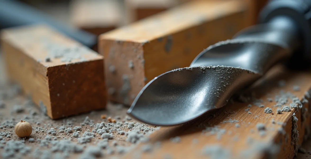 Vue macro détaillée d'outils de construction et documents techniques sur chantier, symbolisant la distinction entre existant et neuf.