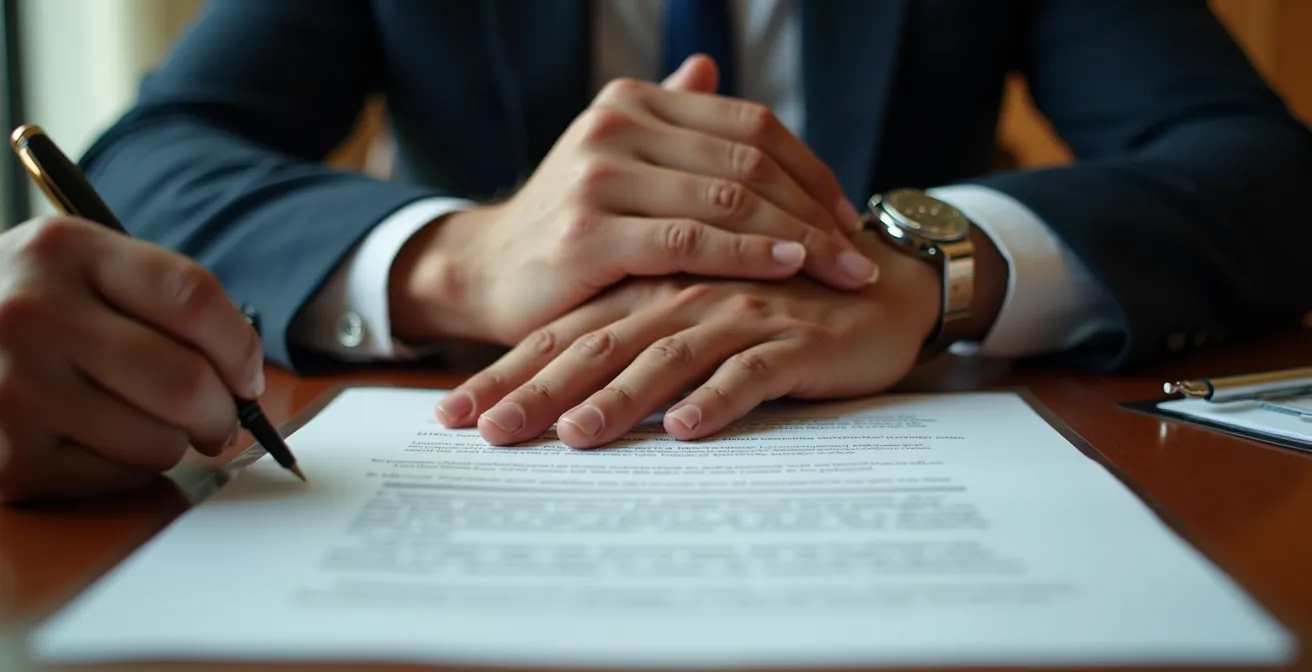 Mains de professionnels signant un document important avec stylo plume de luxe