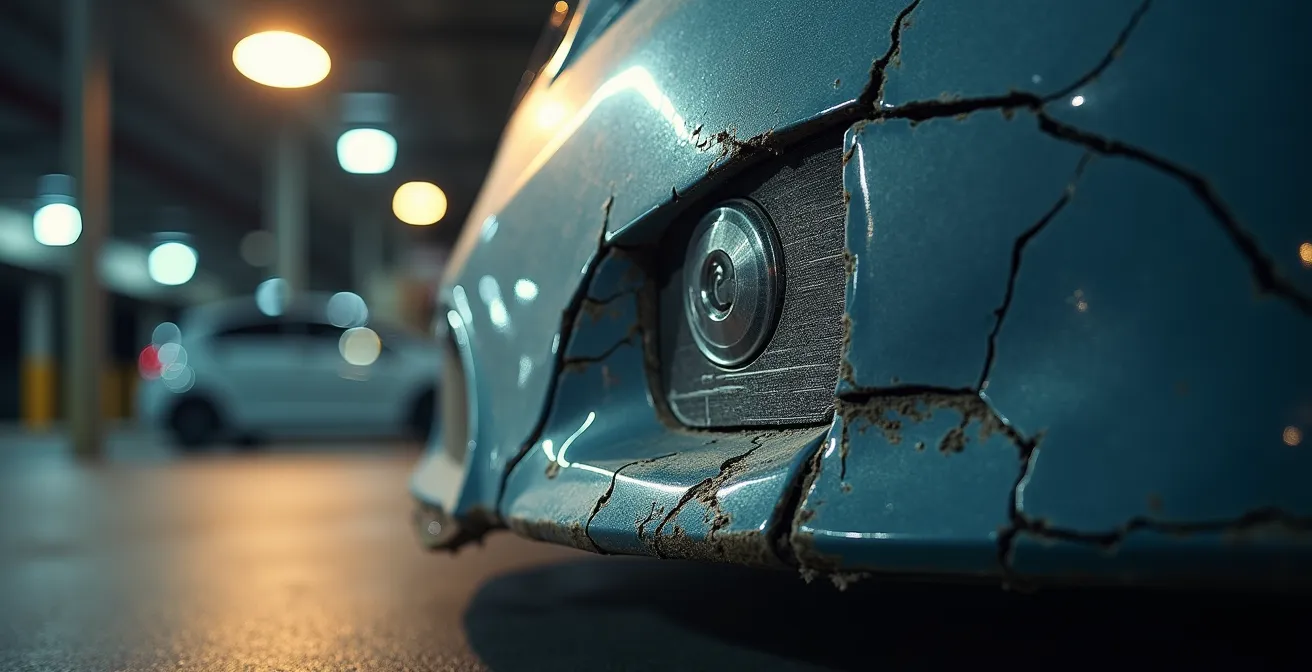 Parking avec voiture endommagée et caméra de surveillance floue en arrière-plan