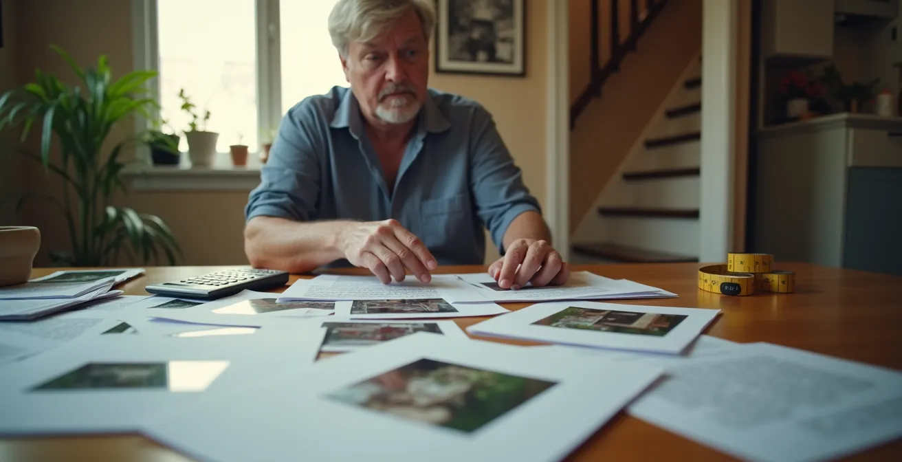 Personne préparant un dossier de sinistre avec photos et documents éparpillés sur une table