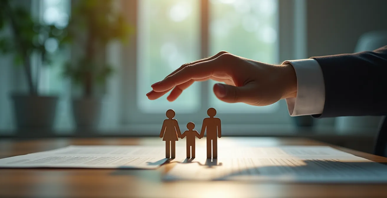 Main protectrice au-dessus de figurines familiales avec papiers financiers flous en arrière-plan