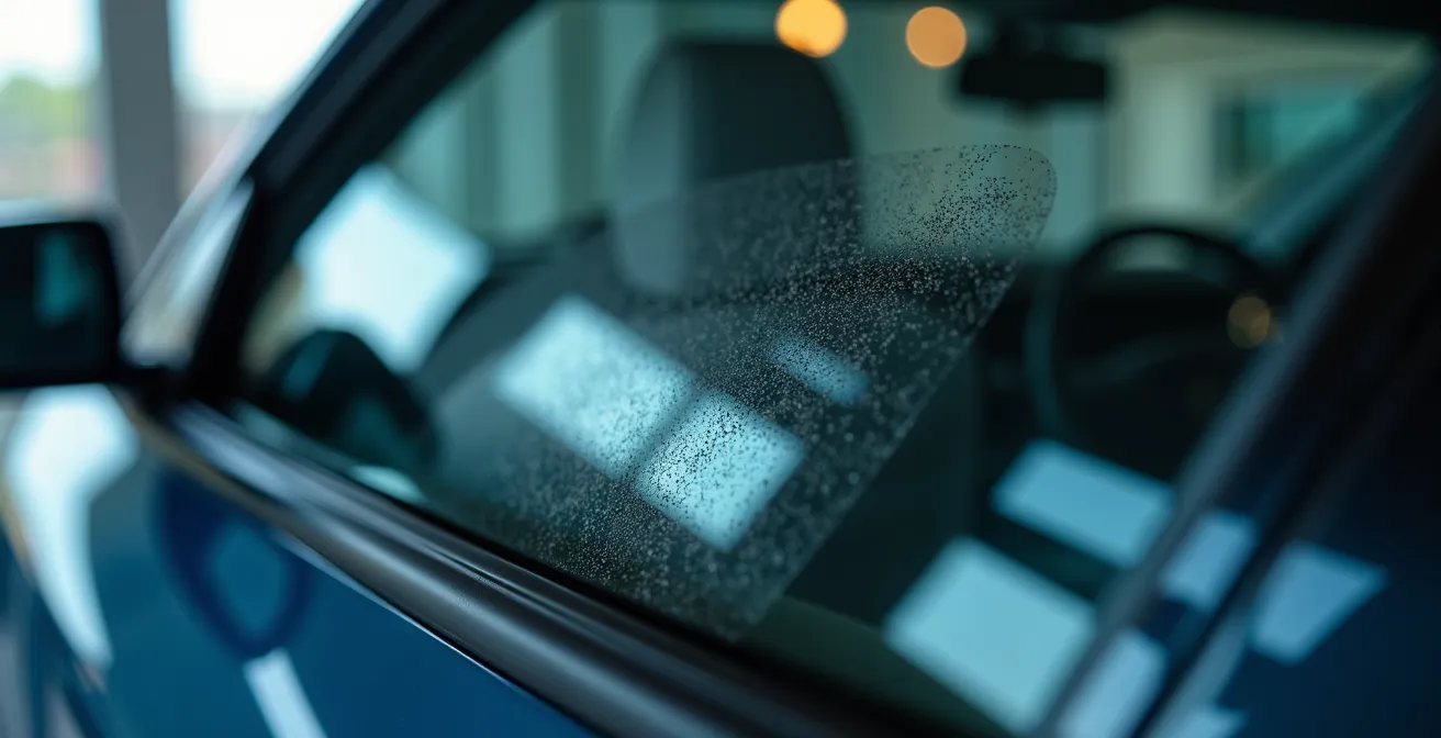 Gros plan macro sur une vitre arrière triangulaire de véhicule avec film de sécurité transparent appliqué, texture visible du film protecteur