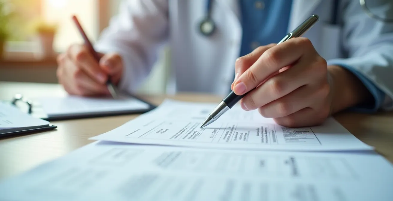 Main remplissant soigneusement un formulaire médical avec des documents médicaux flous en arrière-plan