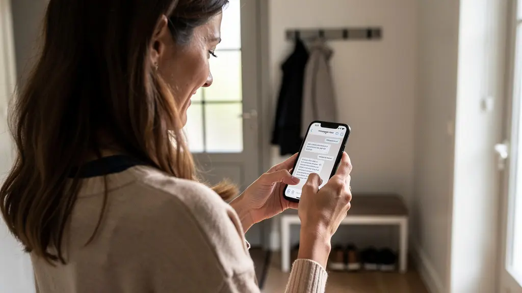 Femme consultant son smartphone avec une expression soulagée après réception d'une confirmation