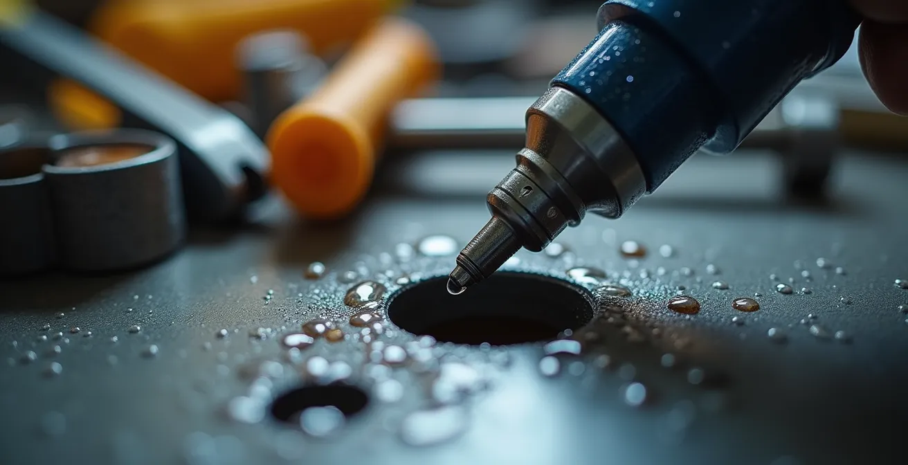 Plombier utilisant une caméra endoscopique pour recherche de fuite non-destructive
