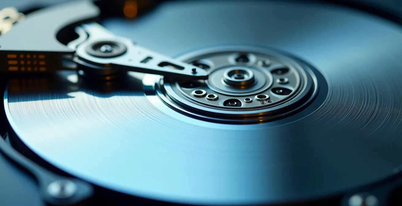 Vue macro d'un disque dur ouvert montrant les plateaux métalliques et les têtes de lecture