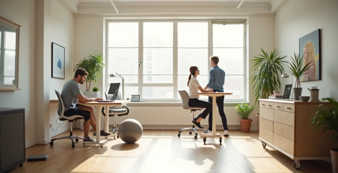 Professionnel en mi-temps thérapeutique équilibrant travail et récupération dans un espace de travail adapté