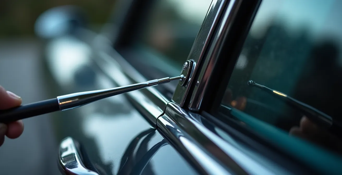 Serrurier automobile professionnel utilisant des outils spécialisés pour ouvrir une portière de voiture