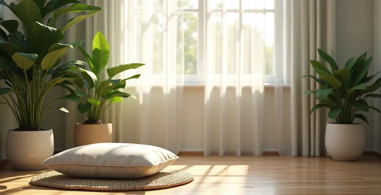 Espace de bien-être en entreprise avec plantes vertes et lumière naturelle favorisant la prévention du burn-out