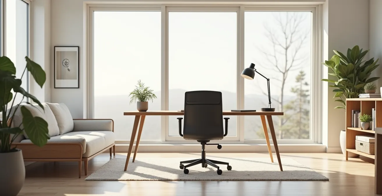Espace de télétravail moderne à domicile avec bureau épuré et équipement informatique